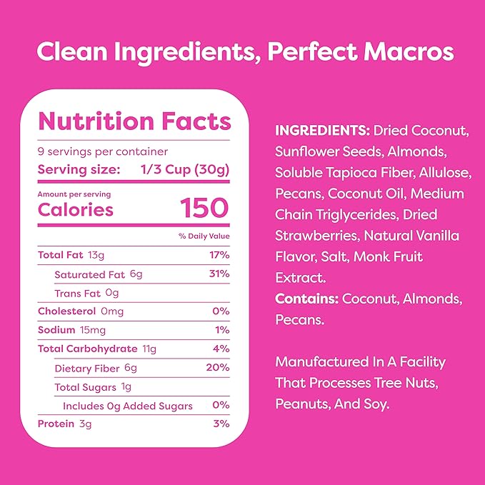 Kiss My Keto Sugar Free Granola, Strawberry Vanilla 1-Pack – Curb Cravings with Few Net Carbs – Allulose Sweetened, Resealable & Gluten-Free Crunchy Clusters – Grain Free Granola Great With Yogurt or Milk