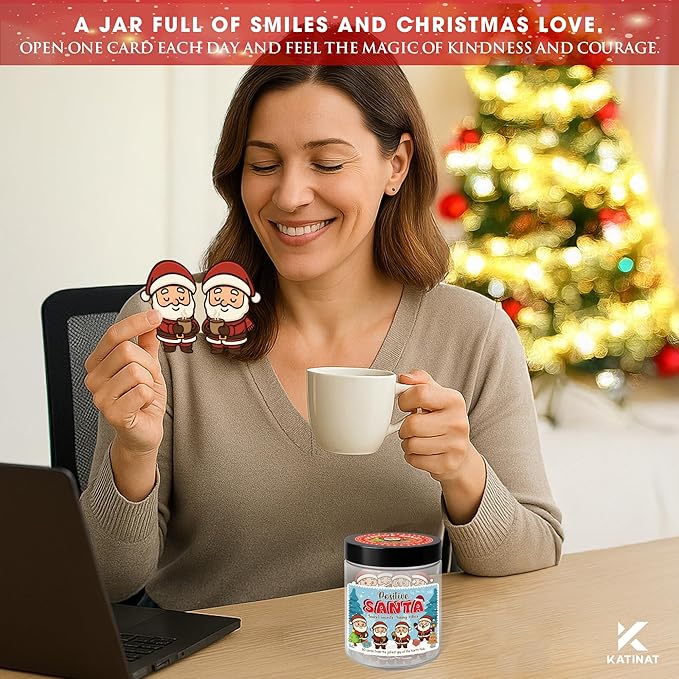 Positive Santa Jar – 60 Funny Emotional Support Santa Jar- Christmas Gifts for Teens, Women, Men, Coworkers, Teachers, Sisters, Friends – Christmas Stocking Stuffer for Teen Girls, Boys, Women