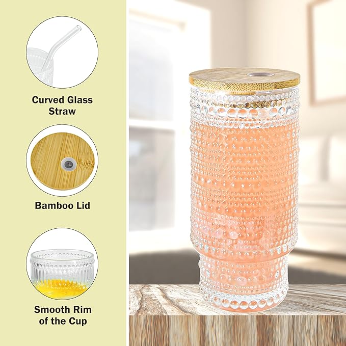 11 oz Drinking Glasses Cups Set of 2 with Bamboo Lids Straws Brush Vintage Small Glassware Set for Mojito Iced Coffee Cocktail Whiskey(Ribbed & Hobnail)