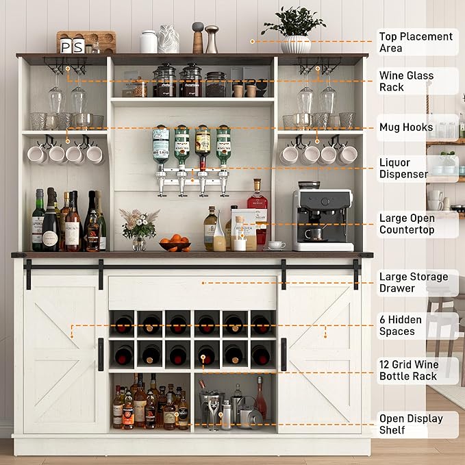 Farmhouse Coffee Bar Cabinet with Charging Station & Sliding Barn Doors - 63" W x 71" H Large Wine Rack, Built-in Liquor Dispenser, Glass/Mug Holders for Kitchen, Living Room, Hallway