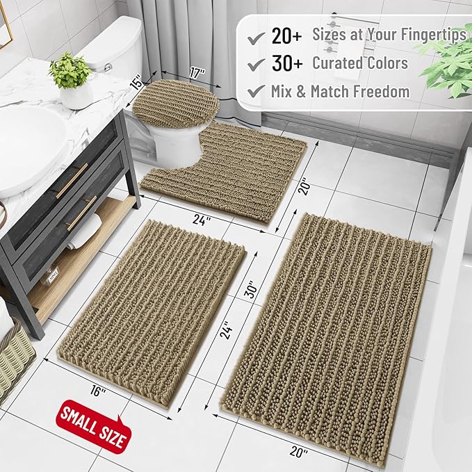 Arotive Luxury Chenille Bathroom Rug Mat, Extra Soft Thick Absorbent Shaggy Bath Rugs, Non-Slip Machine Wash Dry, Plush Bath Mats for Bathroom, Shower and Tub, 34x21, Camel
