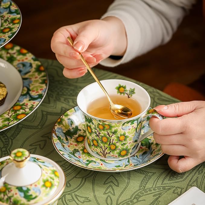 ACMLIFE Tea Set for Adults- Fine China Tea Set for 6, 21-Piece Vintage Coffee Set English Porcelain Tea Pot Sets for Adult Tea Party for Women Gift (Fruits Green, Extra Large 21)