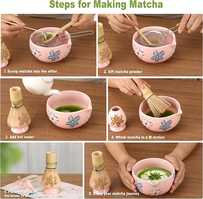 Matcha Whisk Set Pink,8pcs Matcha Set Whisk And Bowl,Matcha Kit With Bamboo Whisks,Ceramic Matcha Bowl,Sifter,Scoop,Holder,Towel,Stand,Spoon,Unique Gift for Japanese Tea Lover