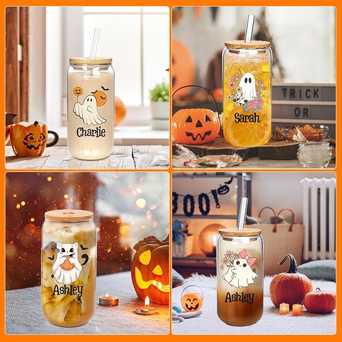 Personalized Halloween Tumbler- Boo Basket Stuffers - Can Shaped Glass with Lids and Straws18OZ -Cute Halloween Gifts for Boys Girls Kids Son Daughter