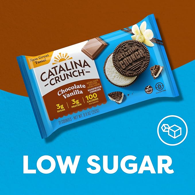 Catalina Crunch Protein Cookies, 4g Protein per Serving - Low-Sugar Sandwich Cookies - Gluten Free, Vegan - Keto Dessert Snacks - Chocolate Vanilla, 8.9 oz. (21 Count)