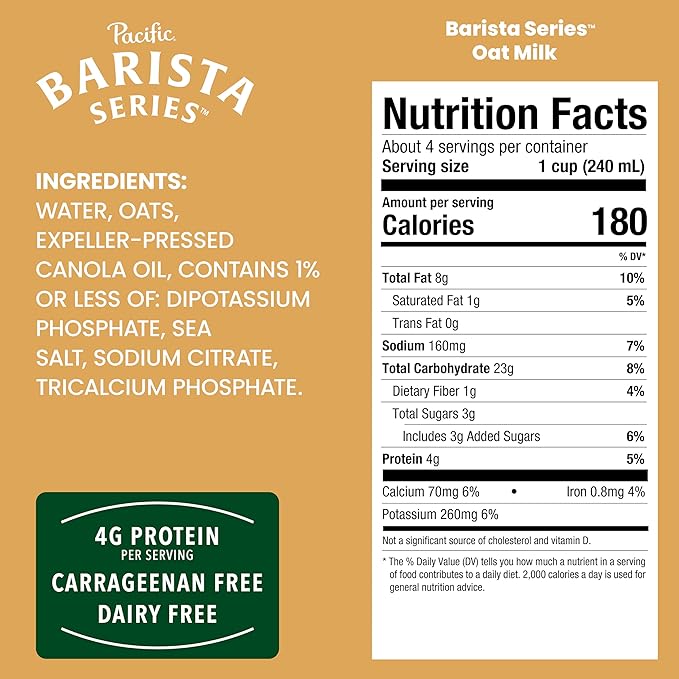 Pacific Foods Barista Series Original Oat Milk, Plant Based Milk, 32 oz Carton