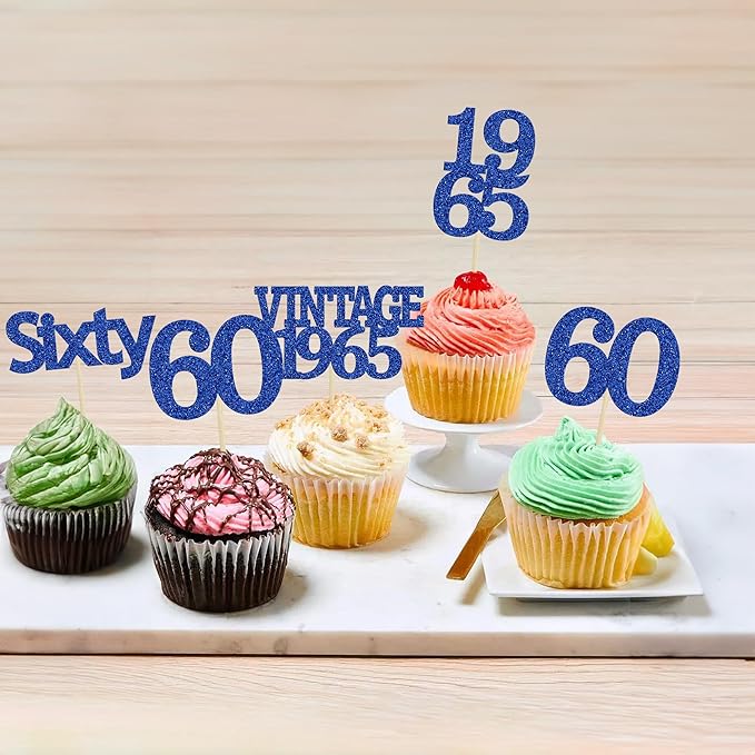 Gyufise 24Pcs Vintage 1965 Cupcake Toppers Cheers to 60 Fabulous Sixty Cupcake Picks Decorations for 60th Birthday Wedding Anniversary Party Cake Decorations Supplies Deep Blue