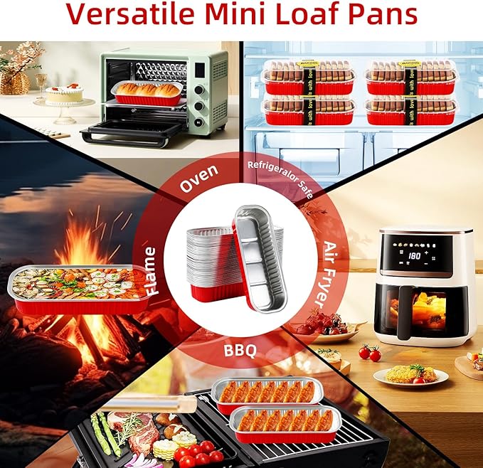 Mini Loaf Pans with Lids and Spoons Sealing Sticker,60 Pcs 6.8oz Cake Pans for Baking Disposable Aluminum Foil Red cake pan (60 PCS RED)