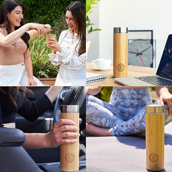 LeafLife Premium Bamboo Tea Bottle for Loose Tea - Tea Infuser Bottle - Tea Gifts - Insulated Water Bottle/Coffee Tumbler/Tea - Tea Gift Set, Tea Accessories - Tea Tumbler 17oz
