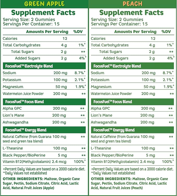 FocusFuel Energy Chews Variety Pack – Peach & Green Apple (2-Pack, 30 Servings Total) – 100mg Natural Caffeine + Nootropics – Crisp, Sweet Energy Combo