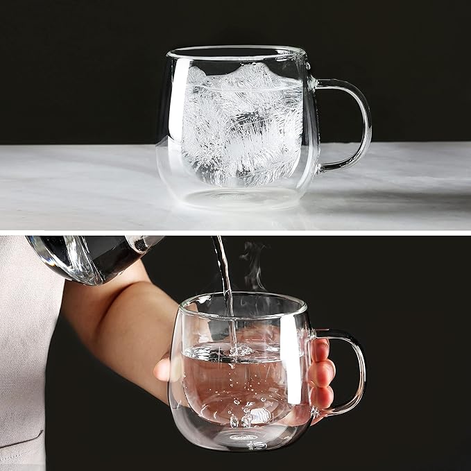 CNGLASS 16oz Double Walled Glass Coffee Mugs(2-pack),Large Clear Coffee Cups with Handle,Glass Espresso Mugs for Latte,Cappuccino,Tea