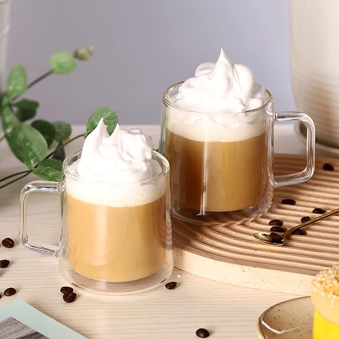CNGLASS 15.2oz(4-pack) Glass Coffee Mugs,Double Wall Insulated Glass Mugs with Handle,Clear Espresso Mugs for Latte,Cappuccino,Tea Bag