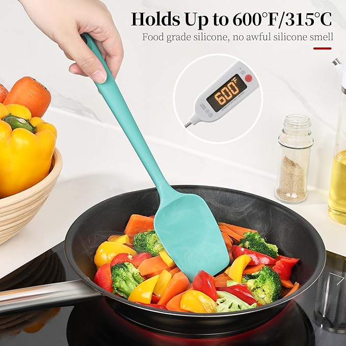 600ºF Heat Resistant Spatulas, High Heat Food Safe Semless Kitchen Silicone Scraper Set for Cooking Baking Mixing Scraping Stirring Nonstick Cookware Pan Bowl (3Pcs,Turquoise)