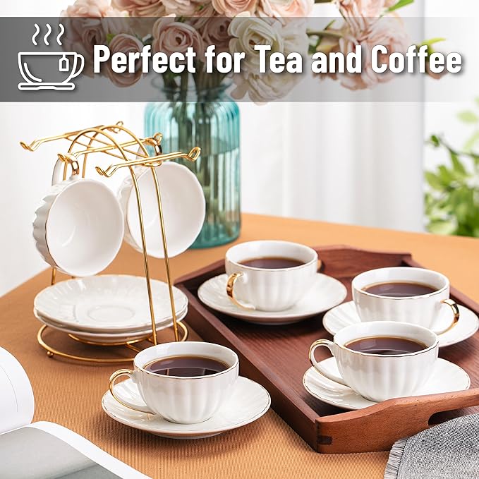 BTaT- White Tea Cups and Saucers Set With Gift Box, 7oz, Set of 6 With Gold Rim, for Adults, Bulk