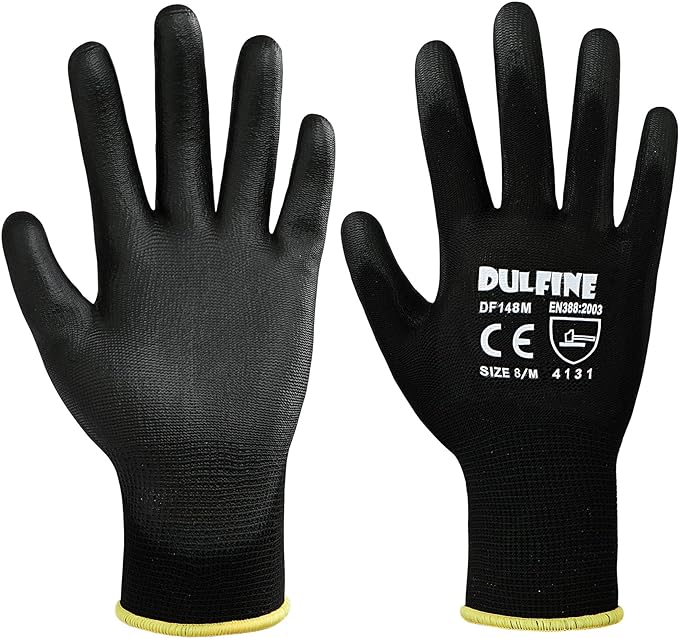 DULFINE Ultra-Thin PU Coated Work Gloves-12 Pairs,Excellent Grip,Nylon Shell Black Polyurethane Coated Safety Work Gloves, Knit Wrist Cuff,Ideal for Light Duty Work. (Large)