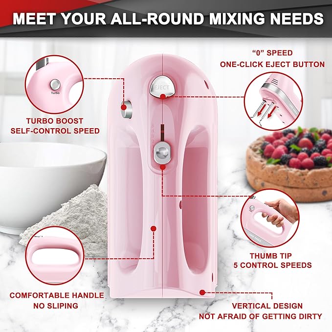 Lord Eagle Hand Mixer Electric 400W, 5 Speed handheld Mixer, 5 Stainless Steel Accessories for Baking Cake Egg Cream Food Beater, Turbo Boost/Self-Control Speed + Eject Button