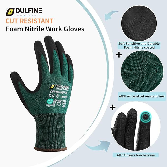 DULFINE ANSI A4 Cut Resistant Work Gloves for Men,6 Pairs Pack.Touchscreen Micro Nitrile Coated,Anti-Slip & Durable for Construction, Wood Cutting,Glass Factory Industrial Use(Large)