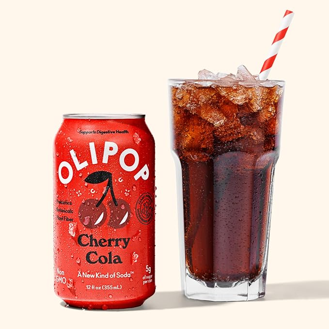 OLIPOP Prebiotic Soda Pop, Cherry Cola, Pantry Pack Packed with Prebiotics, Fiber, and Botanicals, Gluten Free, Vegan, GMO Free, 12oz (12-Cans)