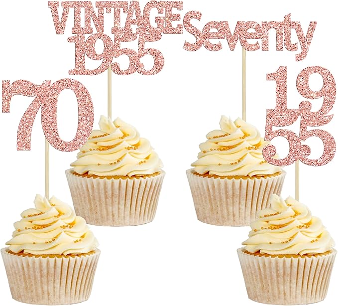 Gyufise 24Pcs 70th Birthday Cupcake Toppers Glitter Cheers to 70 Fabulous Seventy Vintage 1955 Cupcake Picks 70th Birthday Wedding Anniversary Party Cake Decorations Supplies Rose Gold