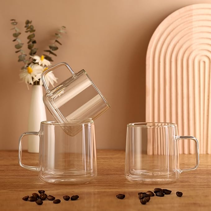 CNGLASS 15.2oz(4-pack) Glass Coffee Mugs,Double Wall Insulated Glass Mugs with Handle,Clear Espresso Mugs for Latte,Cappuccino,Tea Bag