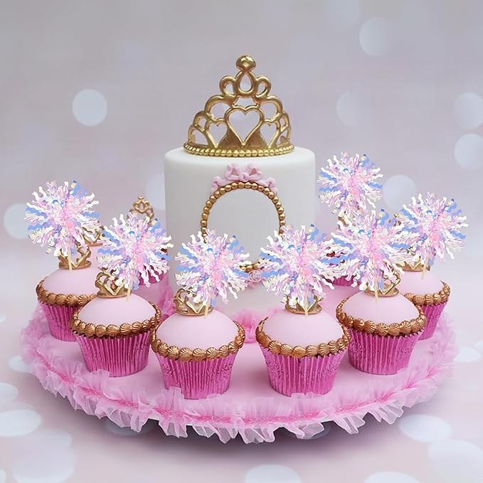 Ephlyn 30Pcs Foil Firework Cupcake Toppers Firework Cake Toppers Tinsel Flower Drink Stirrers Cocktail Food Fruit Toothpicks for Valentine's Day Party Decorations Pink