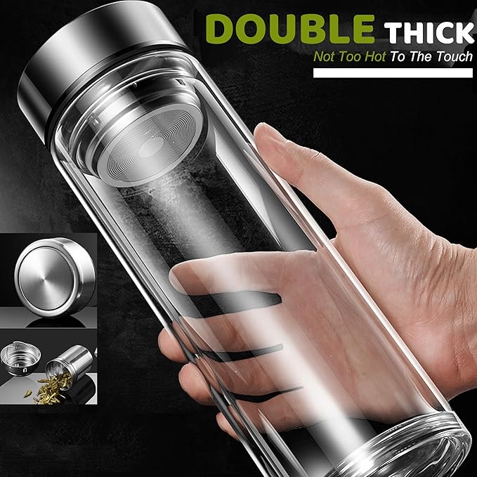 Tea Tumbler with Infuser, 34oz Tea Bottle with 2 in1 Infuser, Large Double Wall Borosilicate Glass Tea Bottle 100% Leak-Proof with Stainless Steel Filter