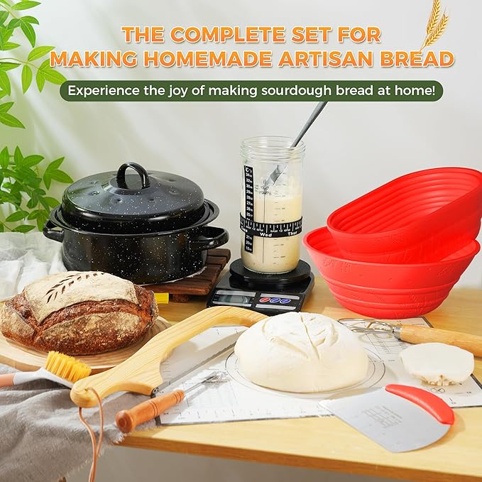 Sourdough Bread Baking Supplies 34 oz Sourdough Starter kit with Pot, 2 Silicone Bread Proofing Baskets, and Bread Making Tools Kit - Red