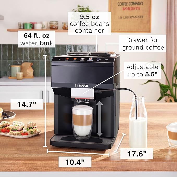 Bosch 500 Series Fully Automatic Espresso and Coffee Machine – Touch Control Panel, Milk Hose, Ceramic Grinder, Uses Beans & Ground Coffee, 9 One-Touch Drinks, in Black TPU40109