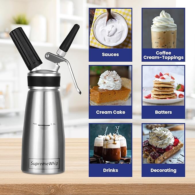 PRO Cream Dispenser, Durable High-Grip, Metal Lid with Rubber, 3 Nozzles, for Hot/Cold Use, Cleaning Brush Included, Silver - 250 ml/1 Pint