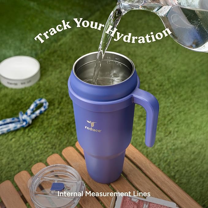 Reduce Reusable 50 oz Cold1 Water Tumbler – Ergonomic Handle – Double-Wall Insulation – Sturdy Desktop/Tabletop Mug with Lid and Straw -BPA-Free –Stainless Steel for Gym, Home, Office– Gentle Lavender