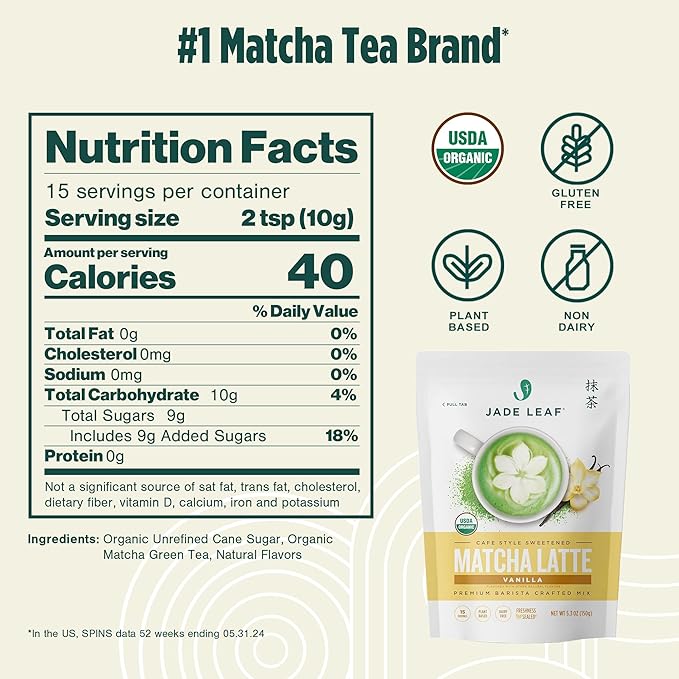 Jade Leaf Matcha Organic Premium Ceremonial Grade Matcha Green Tea Powder - Japanese - Culinary, Ingredient, Ceremonial Barista Teahouse, Latte, Collagen, 5.3 Ounce (Pack of 1), Vanilla Matcha Latte