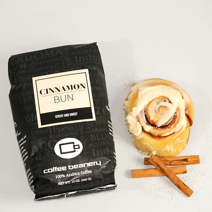 Cinnamon Bun Decaf Coffee by Coffee Beanery | 12oz Flavored Decaf Coffee Ground Medium Roast Coffee | 100% Specialty Arabica Coffee Ground | Gourmet Coffee | Flavored Ground Coffee Medium Roast