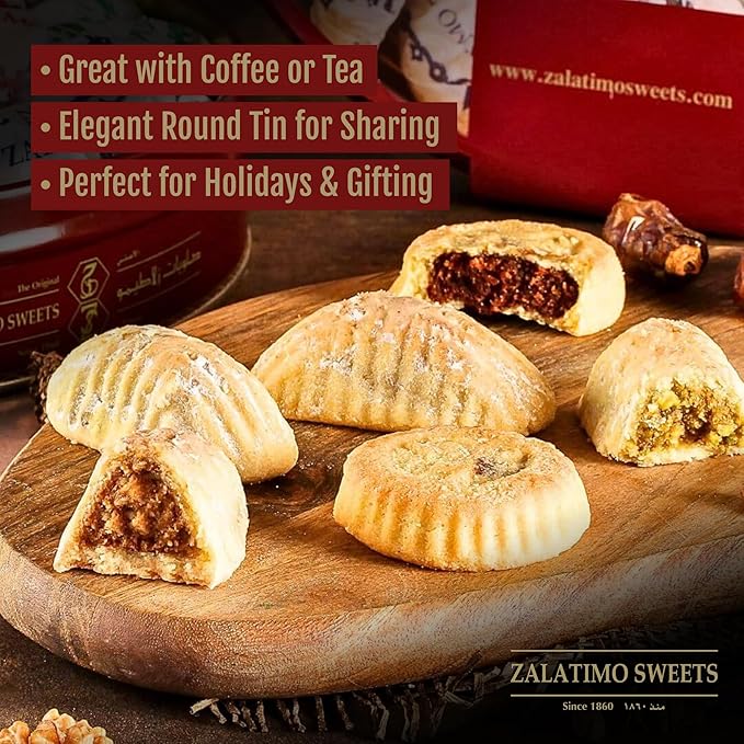 Zalatimo Sweets Since 1860, 100% All Natural Assorted Mamoul Shortbread Cookies, Square Metal Gift Tin, Slightly Sweet Cookies, Pistachio, Walnuts, Dates, No Preservatives, No Additives, 1.7Lbs