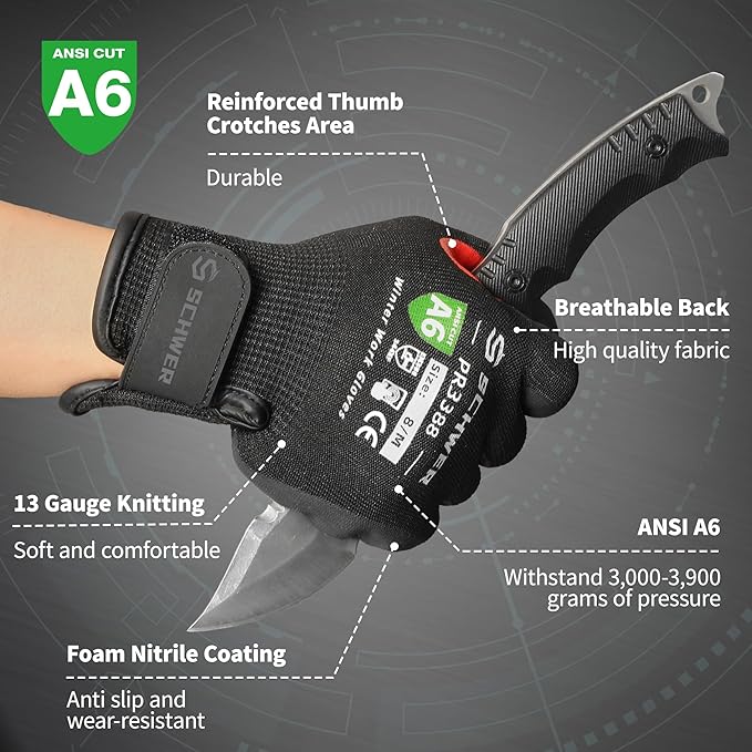 FreezeGuard Winter Work Gloves for Men and Women, ANSI A6 Cut Resistant Gloves With Super Grip, Freezer Glove for Work, Touchscreen, Thermal Insulated, PR3388, Non PFAS, Black Knight (M, 1 Pair)