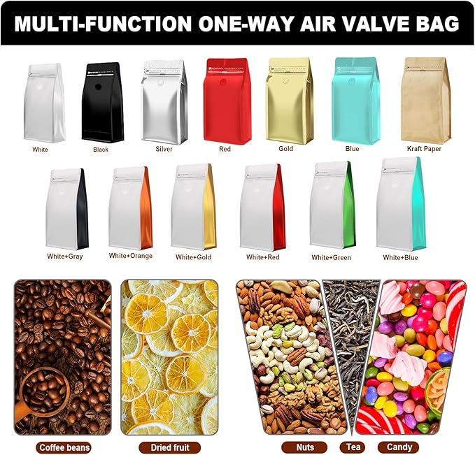 Coffee Bags with Valve(60pcs,8 oz,1/2 lb) Vented Coffee Beans Packaging Bags High Barrier Aluminumed Foil Flat Bottom Heat Sealed Side Zipper Resealable Storage Bag for Home or Business（White+Orange）