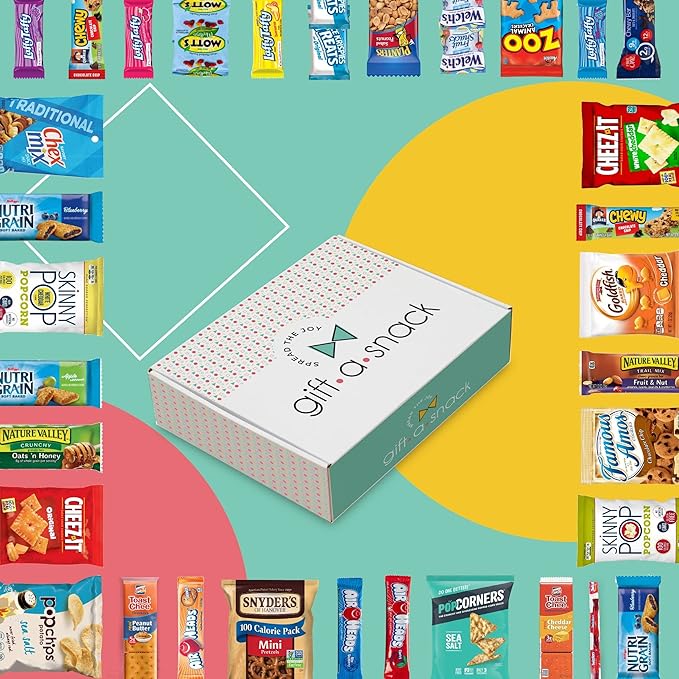 Gift A Snack - Thanksgiving, Holiday, Christmas Stocking Stuffer Snack Box Variety Pack Care Package + Greeting Card (150 Count) Birthday Sweet Treats Gift Basket, Candies Chips Crackers Bars