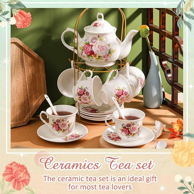 Zhehao 20 Pcs Porcelain Tea Set with Metal Holder and Spoon Adult Ceramic Tea Party Set European Flower Painting Teapot Cup Saucer Spoon for Women, Large Version(Modern Style)