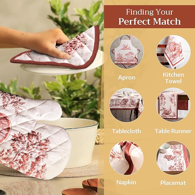 Maison d' Hermine Oven Gloves 100% Cotton Oven Mitt 7" x 13" with Loop Heat Resistant, BBQ, Cooking Gloves, Baking, Grilling, Kitchen, Handling Hot Pans (Pack of 1, Holy Jouy - Brown)