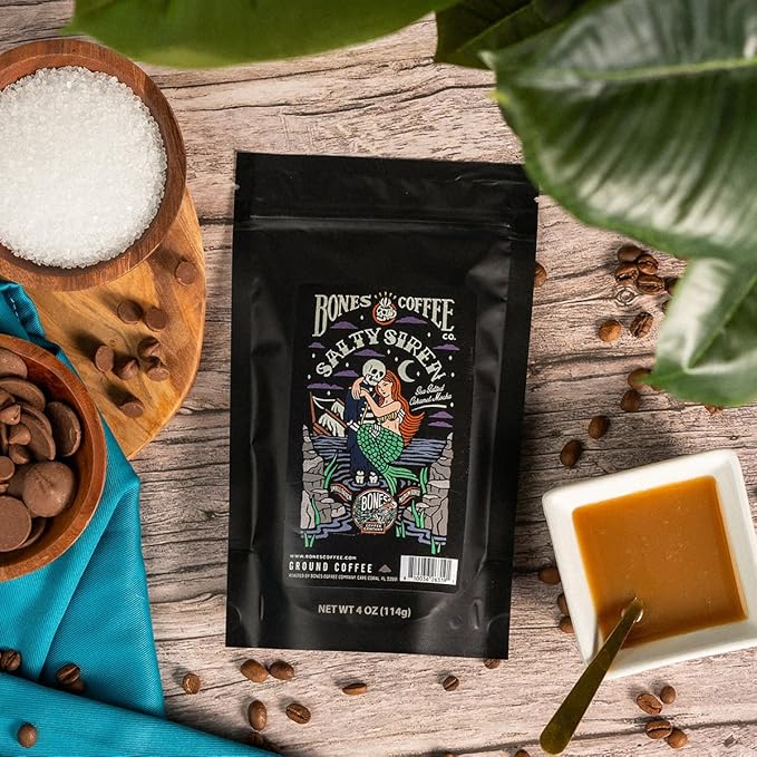 Bones Coffee Company Favorite Flavors Sample Pack Box Set with Specialty Coffee Mug, 5 Assorted Single-Origin Low Acid Medium Roast Arabica Beans Flavored Coffee Gifts, 4 oz Pack of 5 Ground