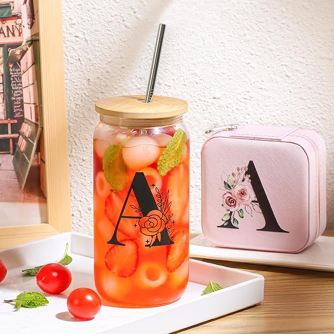 AYGXU Birthday Gifts for Women,Travel Gifts for Teen Girls,Thanksgiving gifts for women,Valentines Gifts,Graduation Gifts for Her,glass cup with bamboo lid and straw,Initial T pink