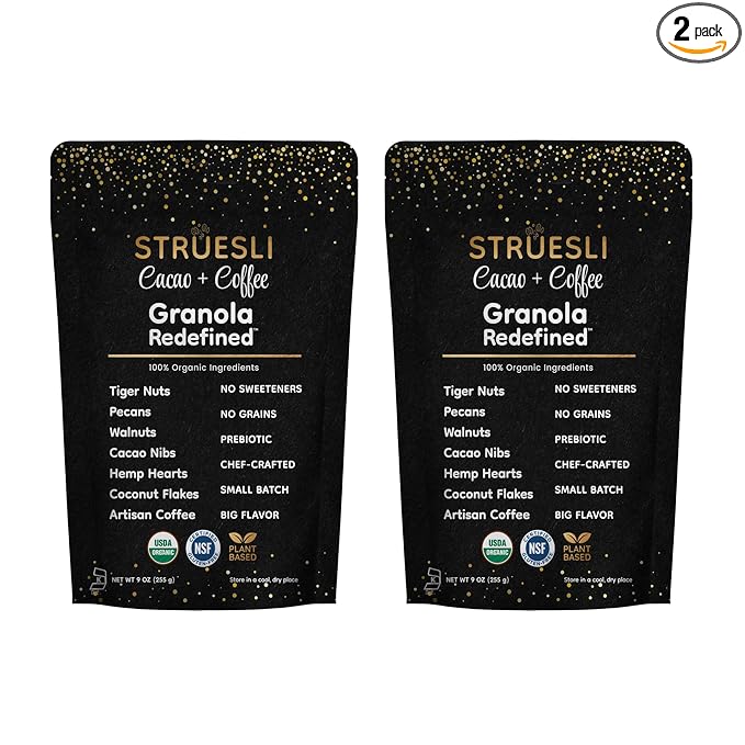 Struesli Cacao + Coffee Organic Granola, Grain & Gluten Free, Healthy Snacks with Cacao, Coffee, Tiger Nuts, Pecans, Walnuts, Hemp Hearts & Coconut Flakes, Plant Based, Keto & Paleo, 9 Oz, 2 Pack