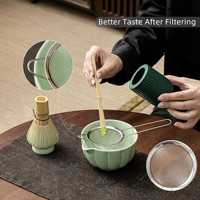 Matcha Whisk Set, Matcha Bowl with Spout, Matcha Whisk, Chasen Holder, Sifter, Bamboo Scoop - 5 Pcs Perfect Matcha Making Kit for Matcha Lover and Tea Ceremony (Emerald Green)