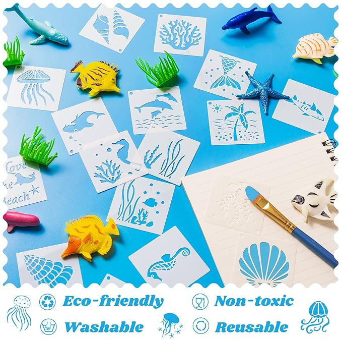 100 Pcs Stencils for Painting on Wood Reusable Stencil Crafts Drawing Templates Holiday Wall Paper for DIY Scrapbook Home 2 x 2 Inch(Marine Life)