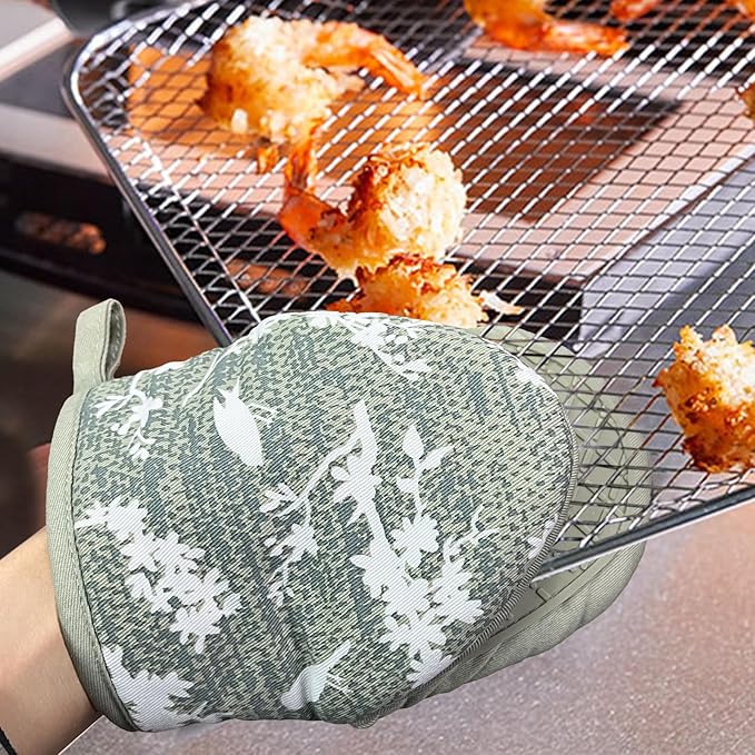 Mini Silicone Oven Mitts, Heat and Slip Resistant Kitchen Gloves 2-Pack Set, Birds Flower Soft Short Oven Mittens, Flexible Thick Pot Holders for Safe Cooking Baking and Grilling (Mini, Aqua)