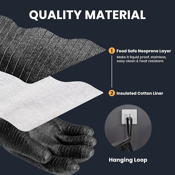 GEEKHOM 14-Inch Heat Resistant Gloves 932°F for BBQ Grilling, Waterproof Long Sleeve Anti-Slip Cooking Gloves – Textured Grip Protection