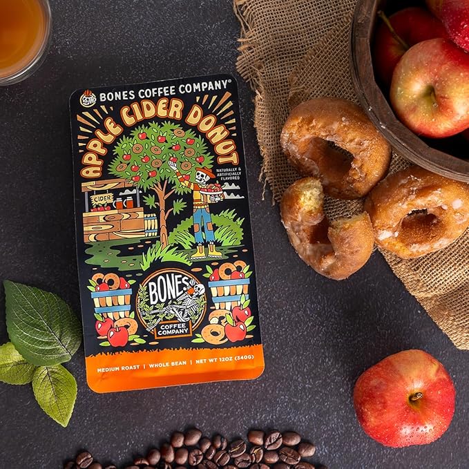 Bones Coffee Company Apple Cider Donut Flavored Coffee, Medium Roast Low Acid Arabica Beans Compatible with Auto drip and French Press Coffee Maker, 12 Oz Ground