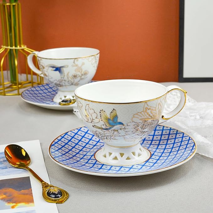 ACMLIFE Bone China Tea Cup and Saucer Set for 1, Vintage Floral Tea Cup with Saucer, Spoon and Gift Box, 6.8 oz (Blue B)