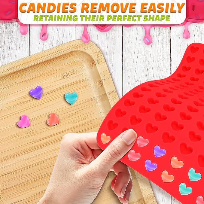 255 Cavities Mini Hearts Mold - 15.4" x 10.9" Mini Heart Silicone Mold for Making Candies, Chocolates and Gummies - Red Heart Ice Cube Tray with Easy Demolding, Flexible & Durable Heart Molds Silicone
