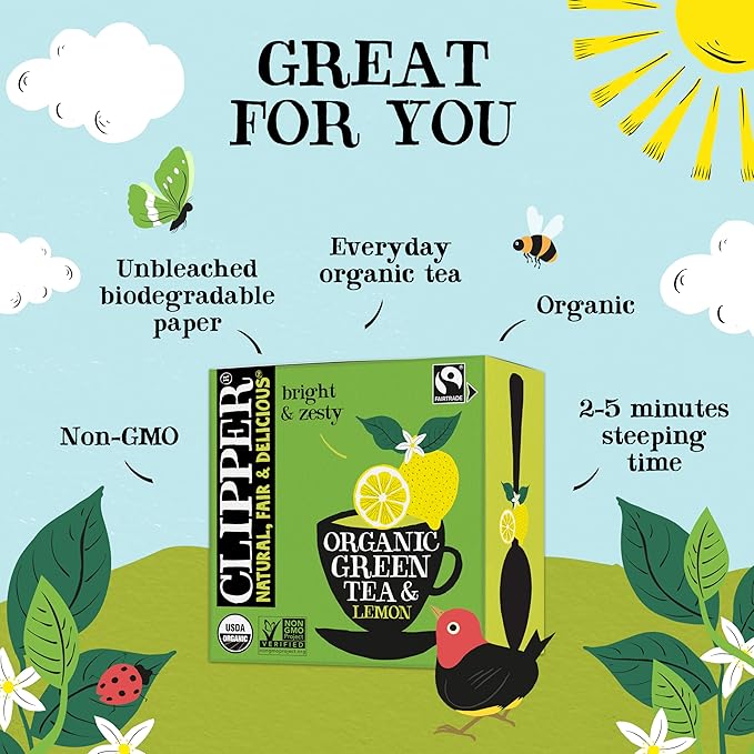 Clipper Tea Green Tea & Lemon Teabags – USDA Organic, Great Hot or Iced – Bright, Zippy, Natural, Fair & Delicious – 200 Tea Bags