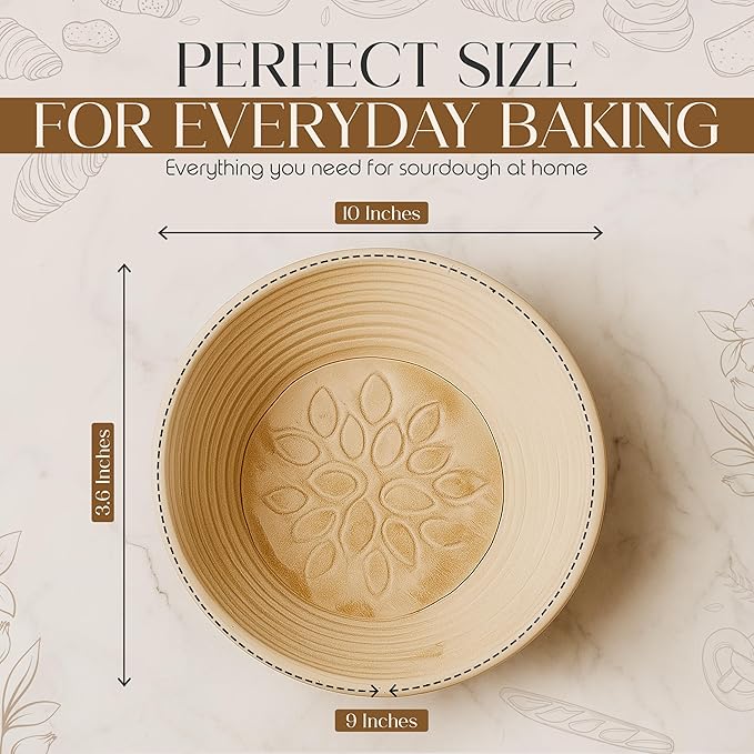 Sourdough Bread Proofing Basket Set - 9 Inch Round Banneton Bread Proofing Basket with 2 Wooden Stamps, Brush & Storage Bag - Sourdough Kit With Wooden Design